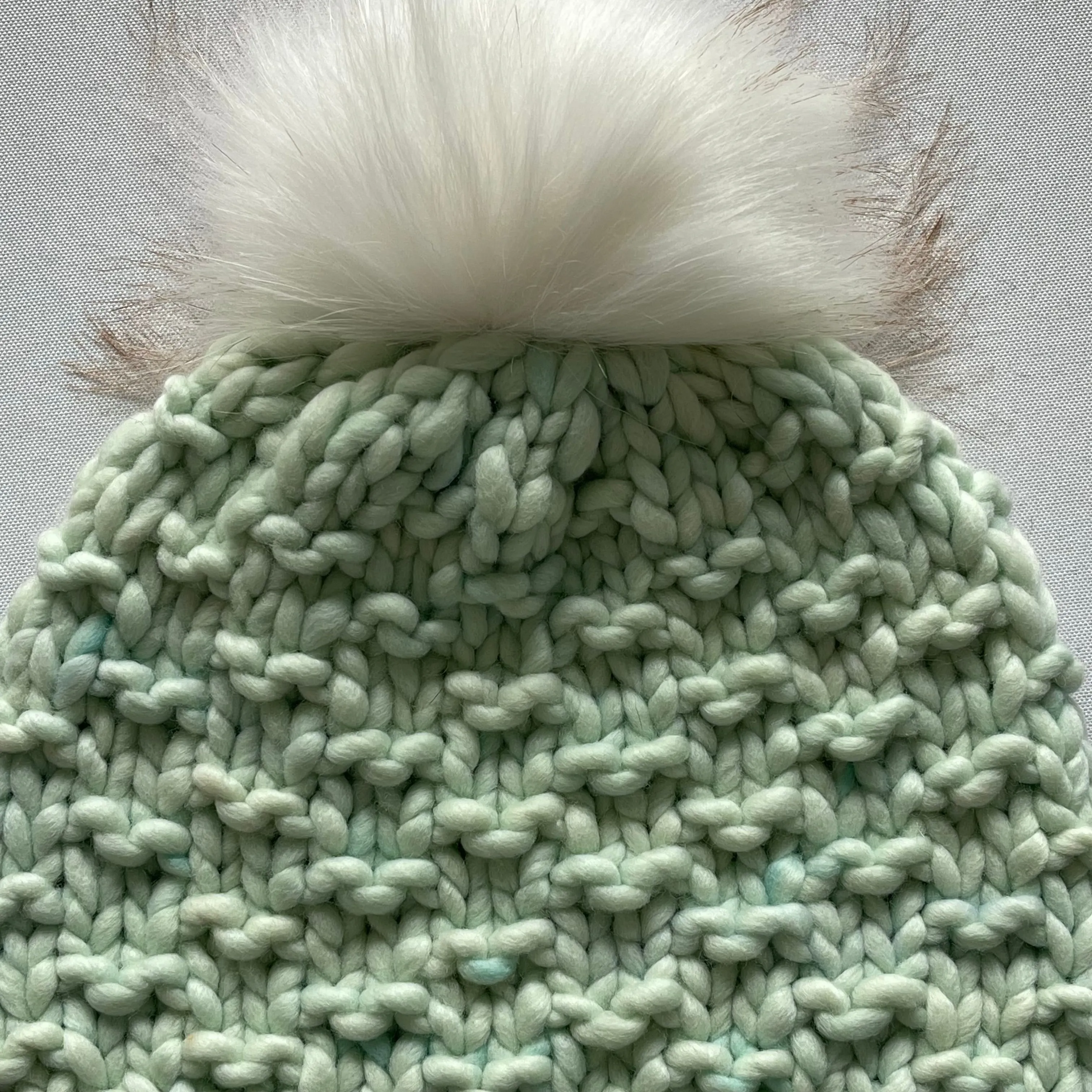 Mint Green Luxury Merino Wool Knit Hat with Faux Fur Pom Pom