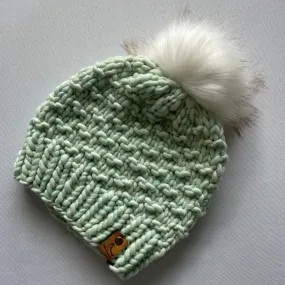 Mint Green Luxury Merino Wool Knit Hat with Faux Fur Pom Pom