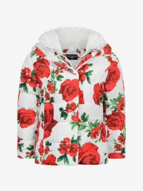 Monnalisa Ivory & Red Rose Down Padded Coat