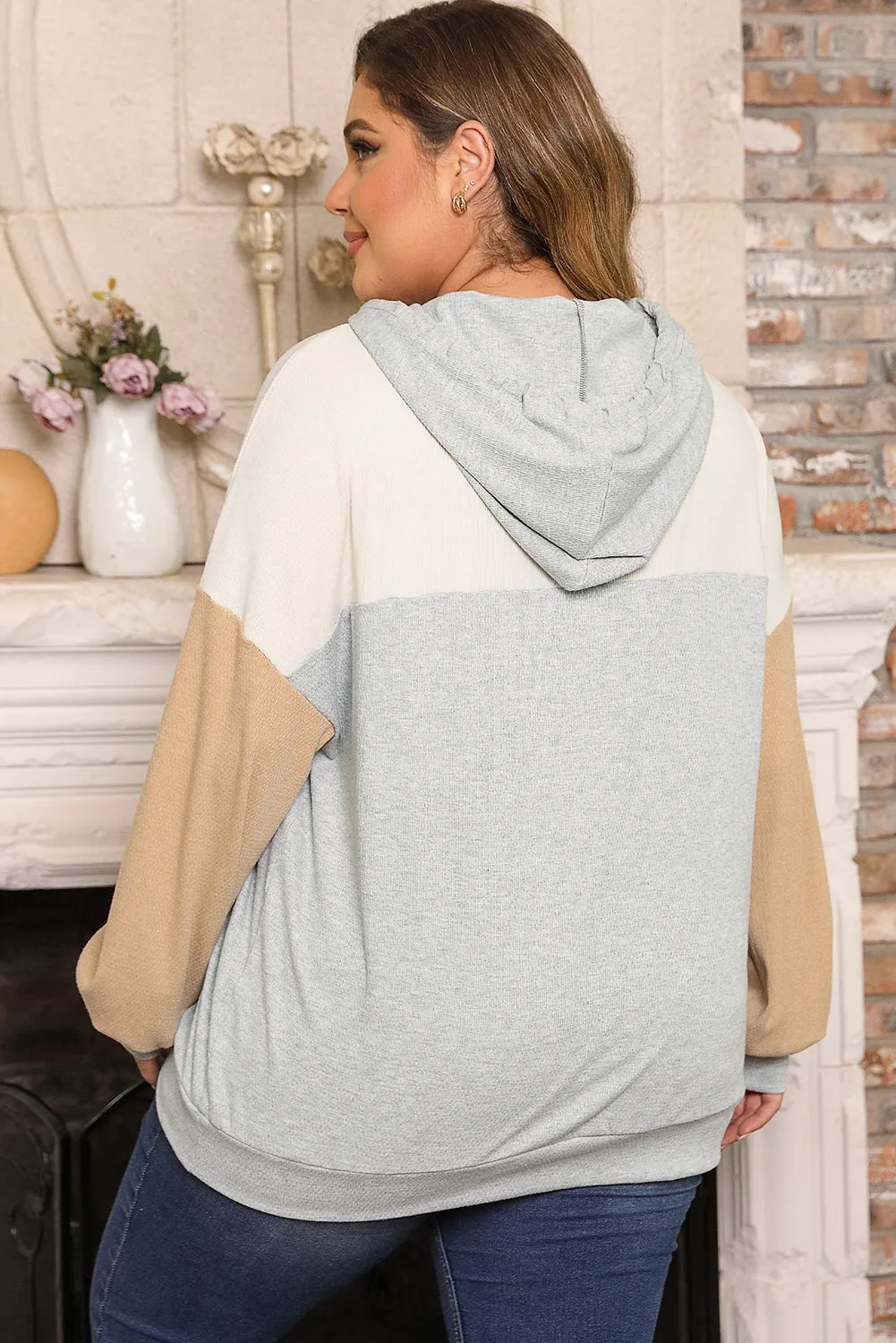 Multicolour Plus Size Colorblock Drop Shoulder Ribbed Hoodie