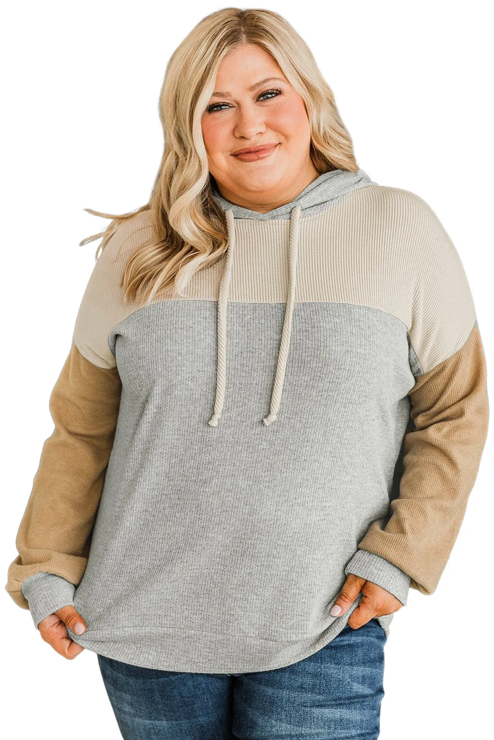 Multicolour Plus Size Colorblock Drop Shoulder Ribbed Hoodie