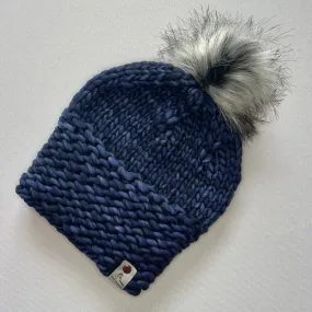 Navy Luxury Merino Wool Knit Hat with Faux Fur Pom Pom