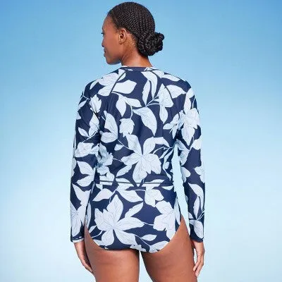 New - Women's Floral Print Cropped Rash Guard - Kona Sol Multi Blue XL