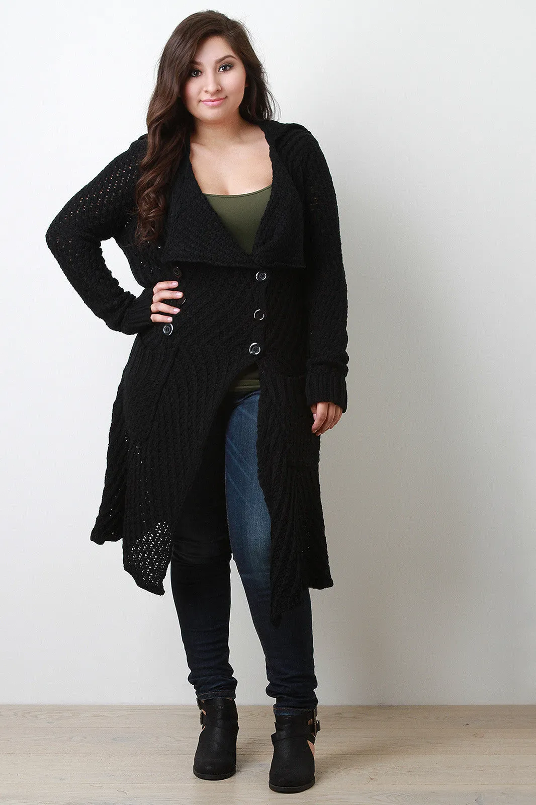 Open Knit Collared Longline Sweater Coat