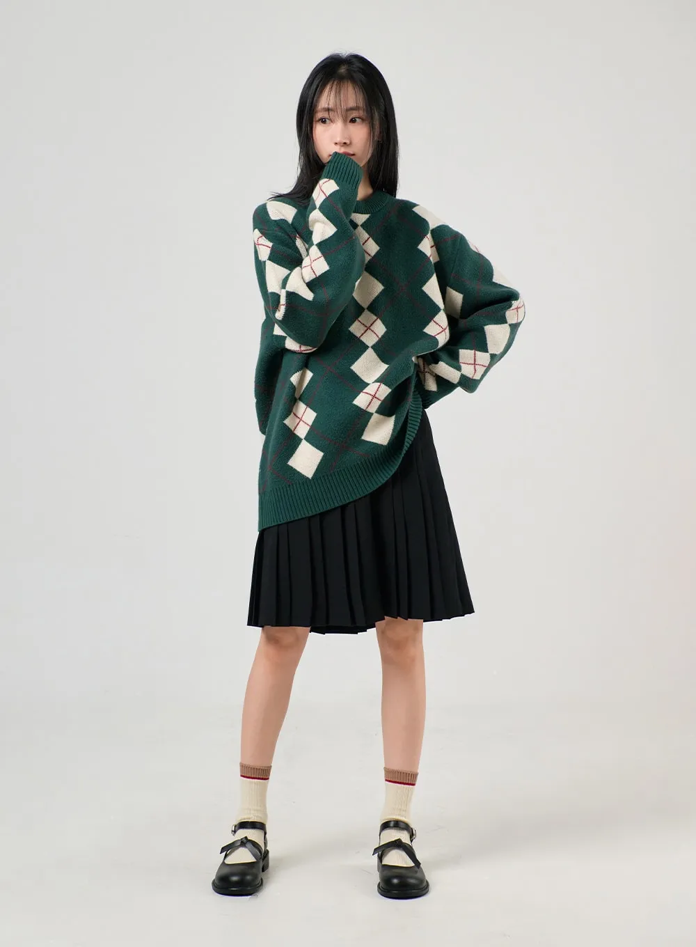 Oversized Argyle Knit Sweater OF405