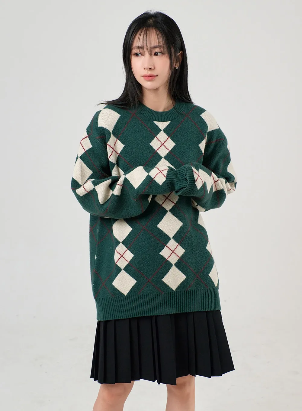 Oversized Argyle Knit Sweater OF405