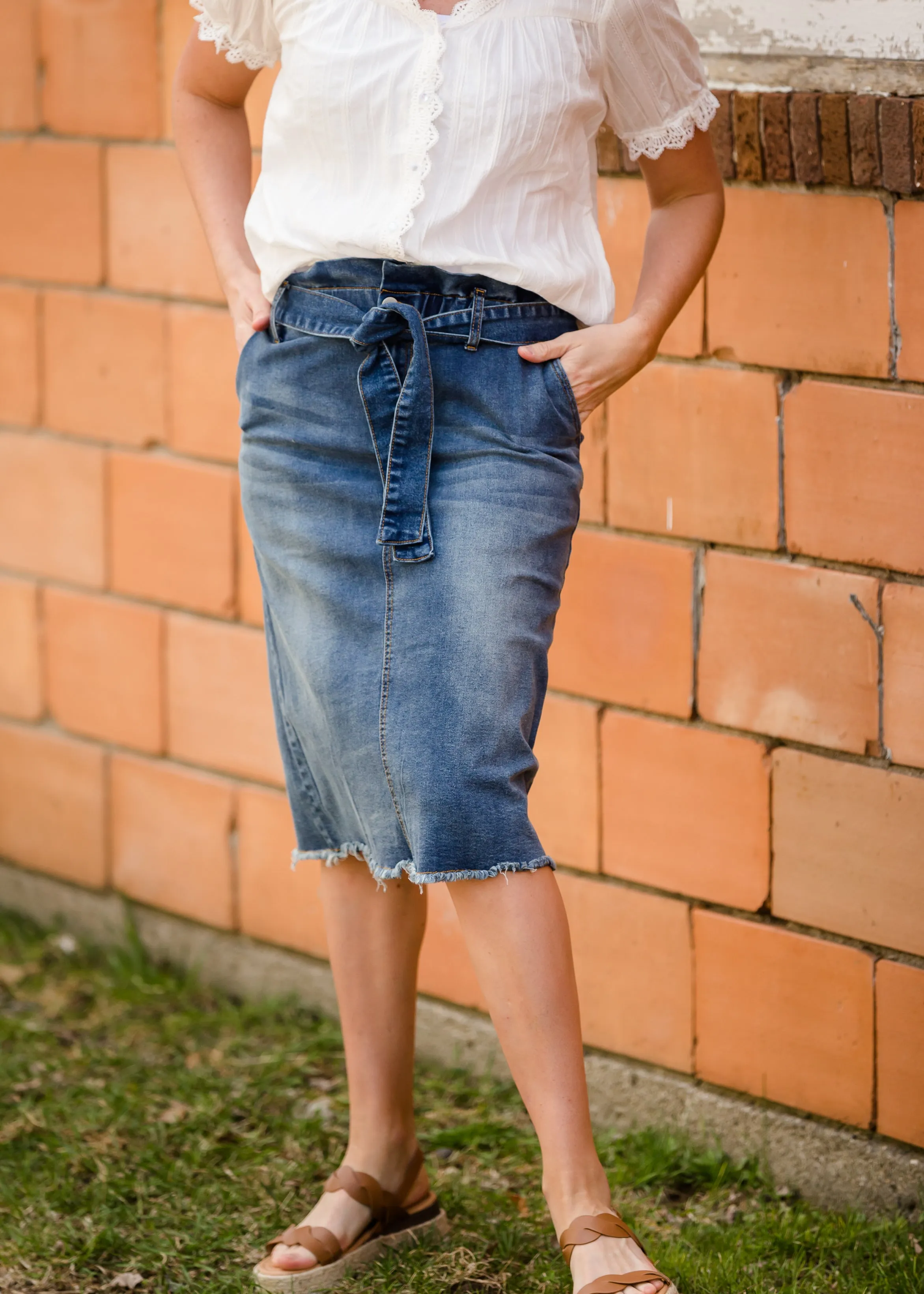 Paperbag Denim Tie Midi Skirt