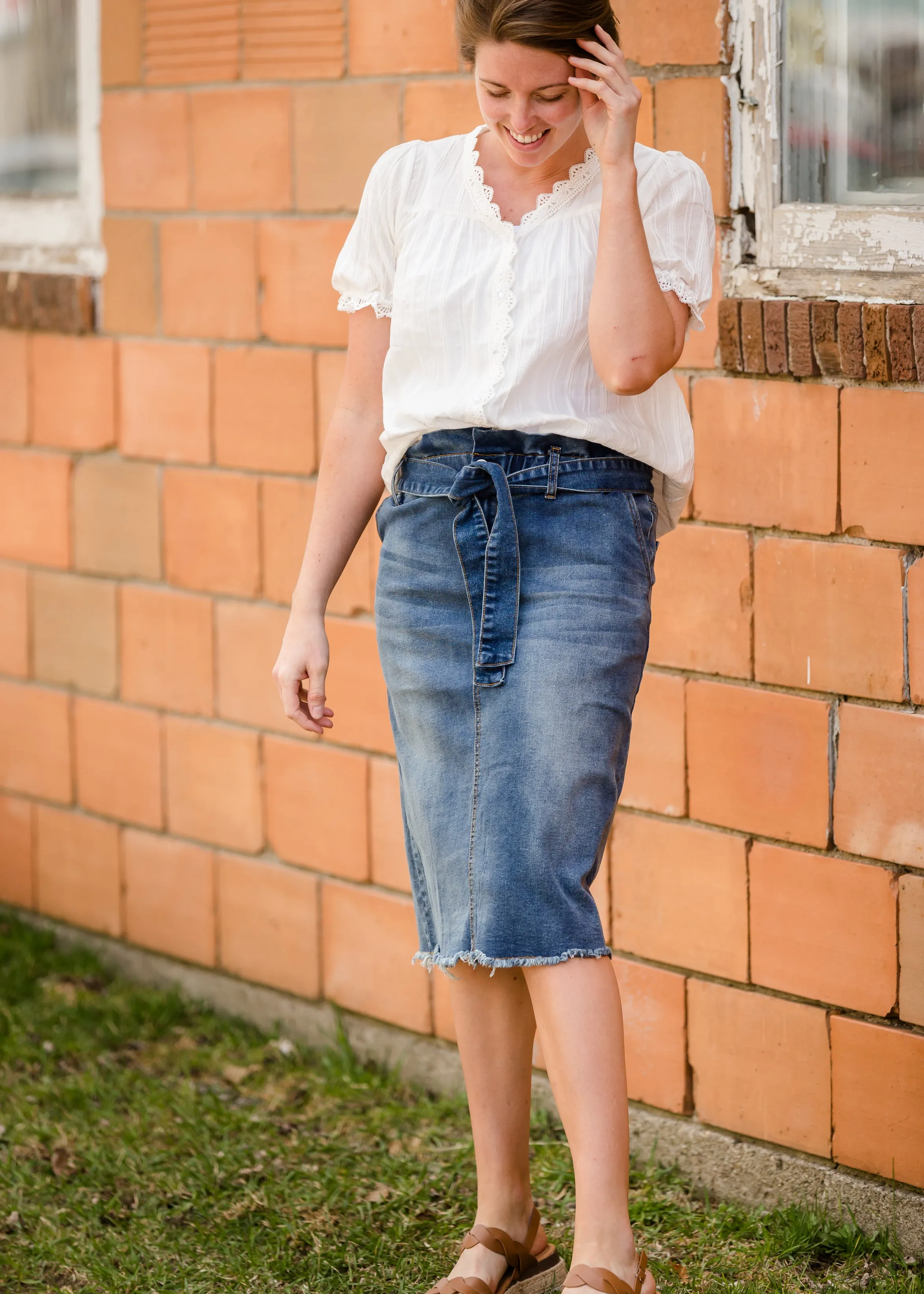 Paperbag Denim Tie Midi Skirt