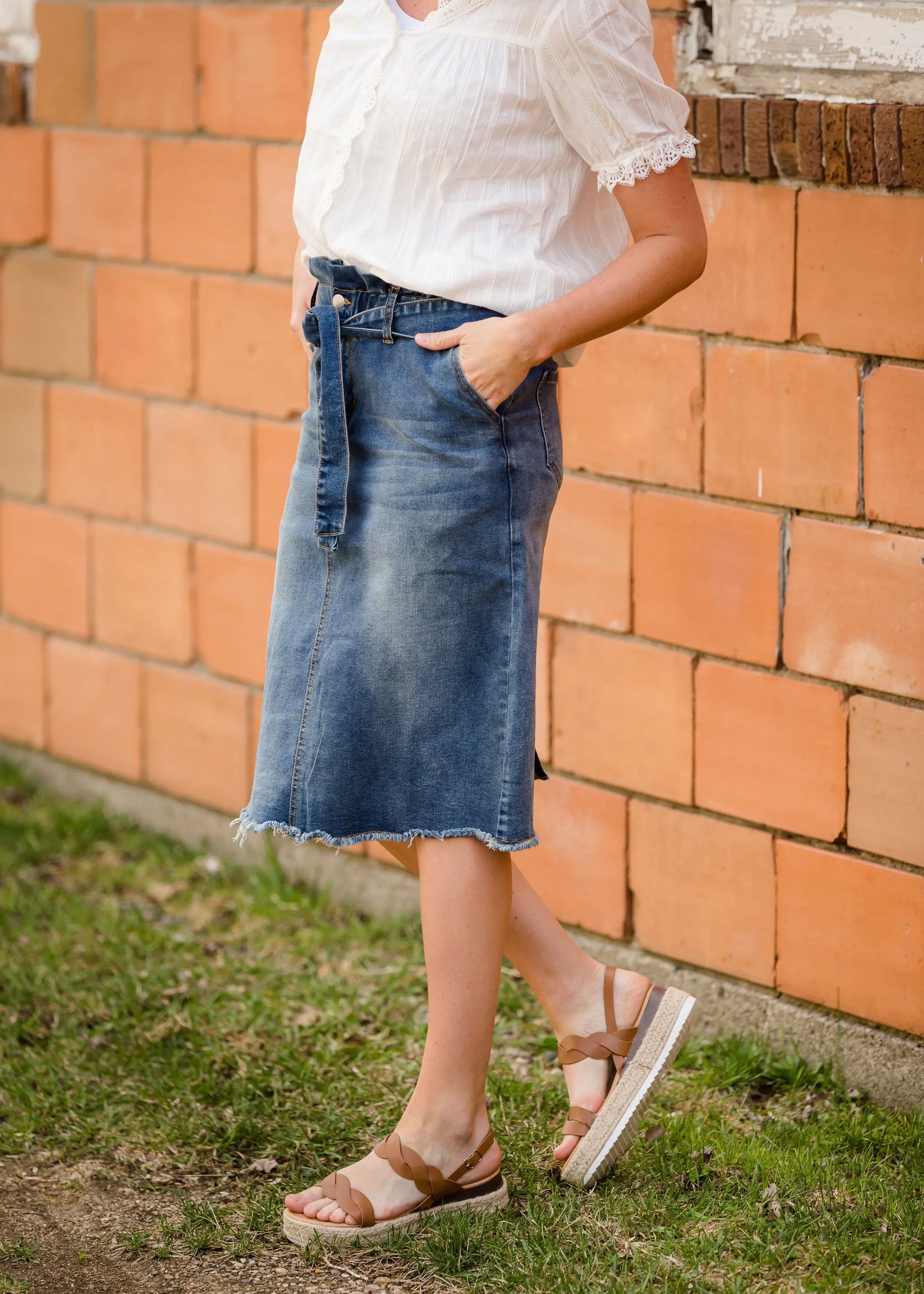 Paperbag Denim Tie Midi Skirt