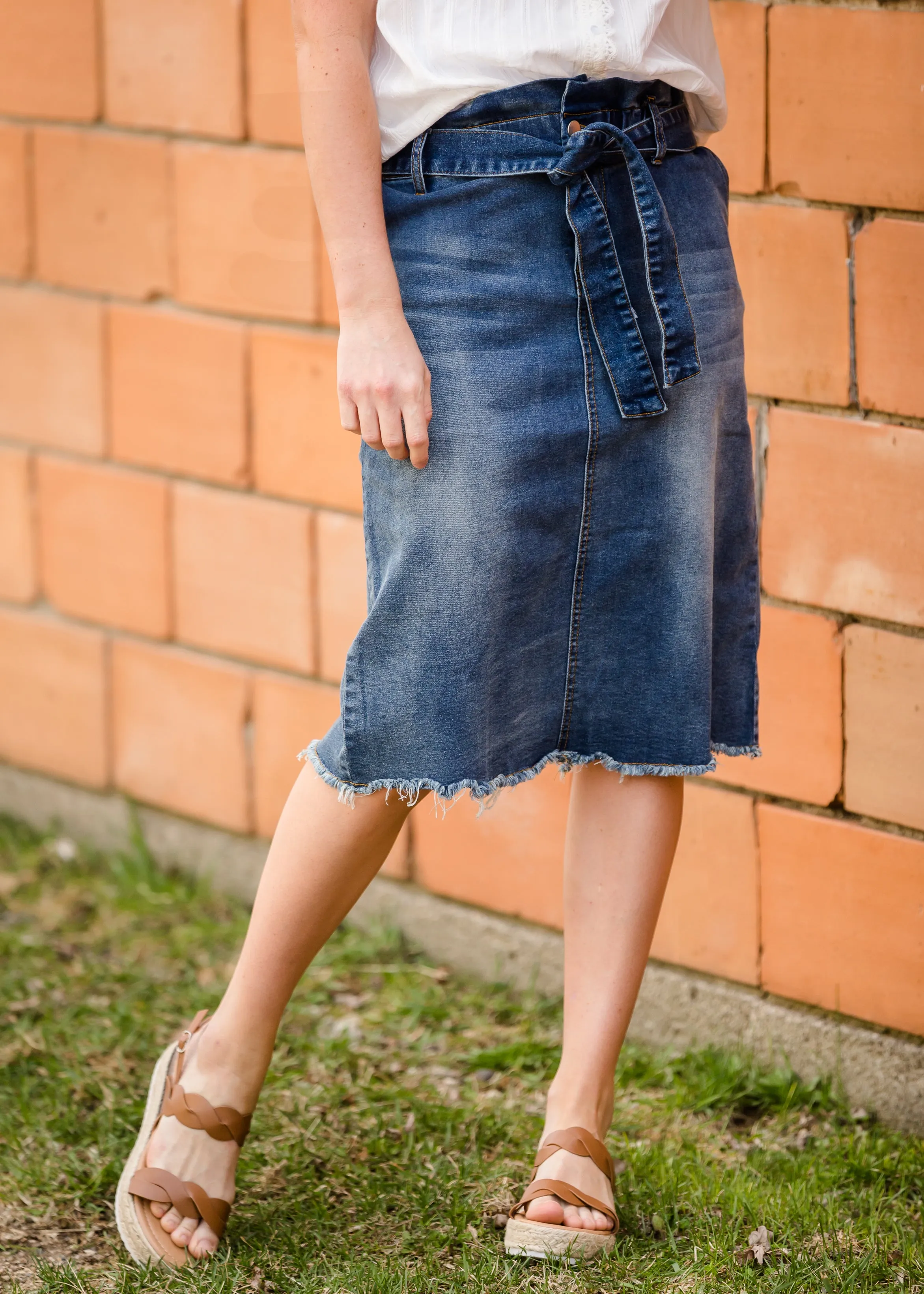 Paperbag Denim Tie Midi Skirt