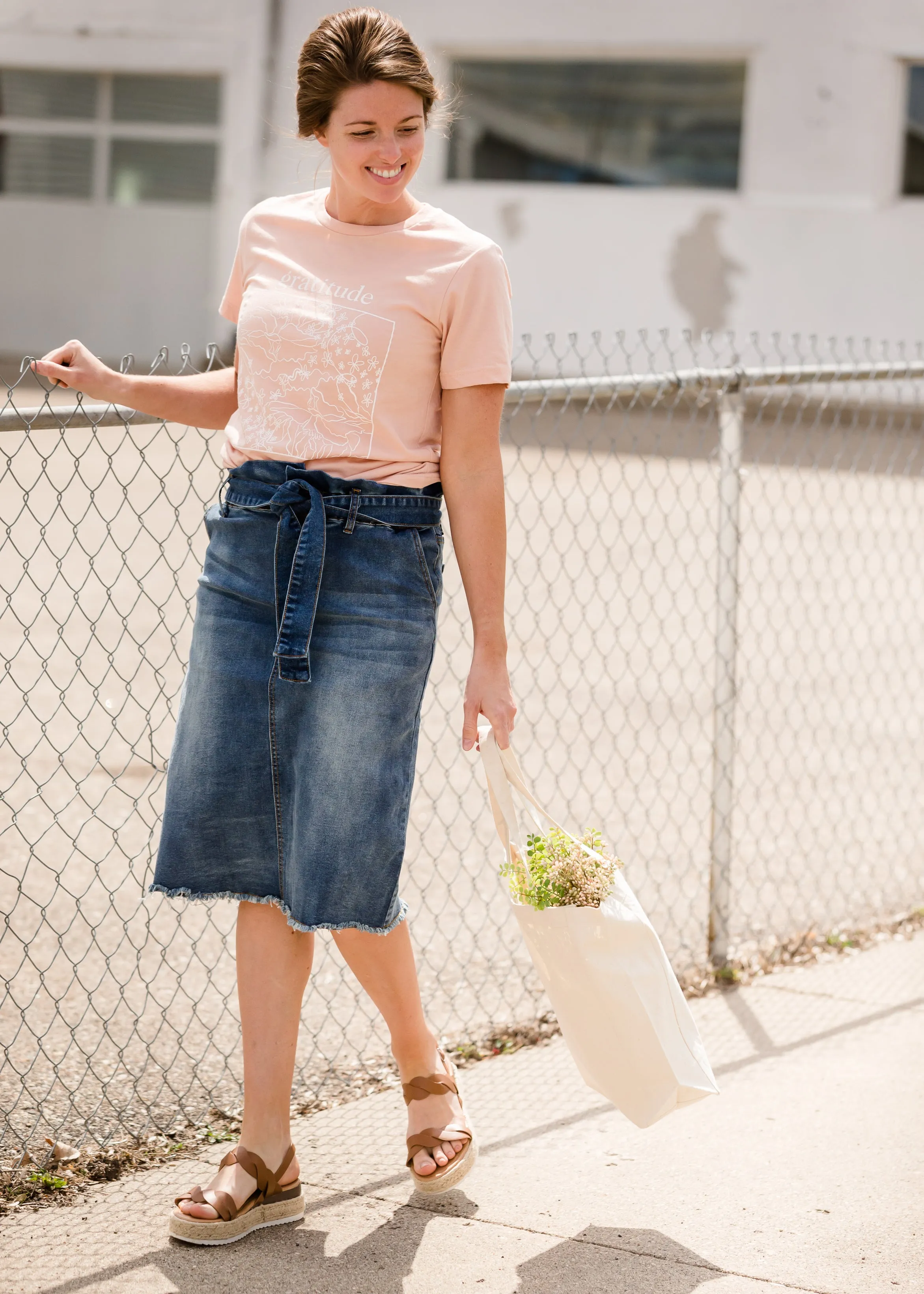 Paperbag Denim Tie Midi Skirt