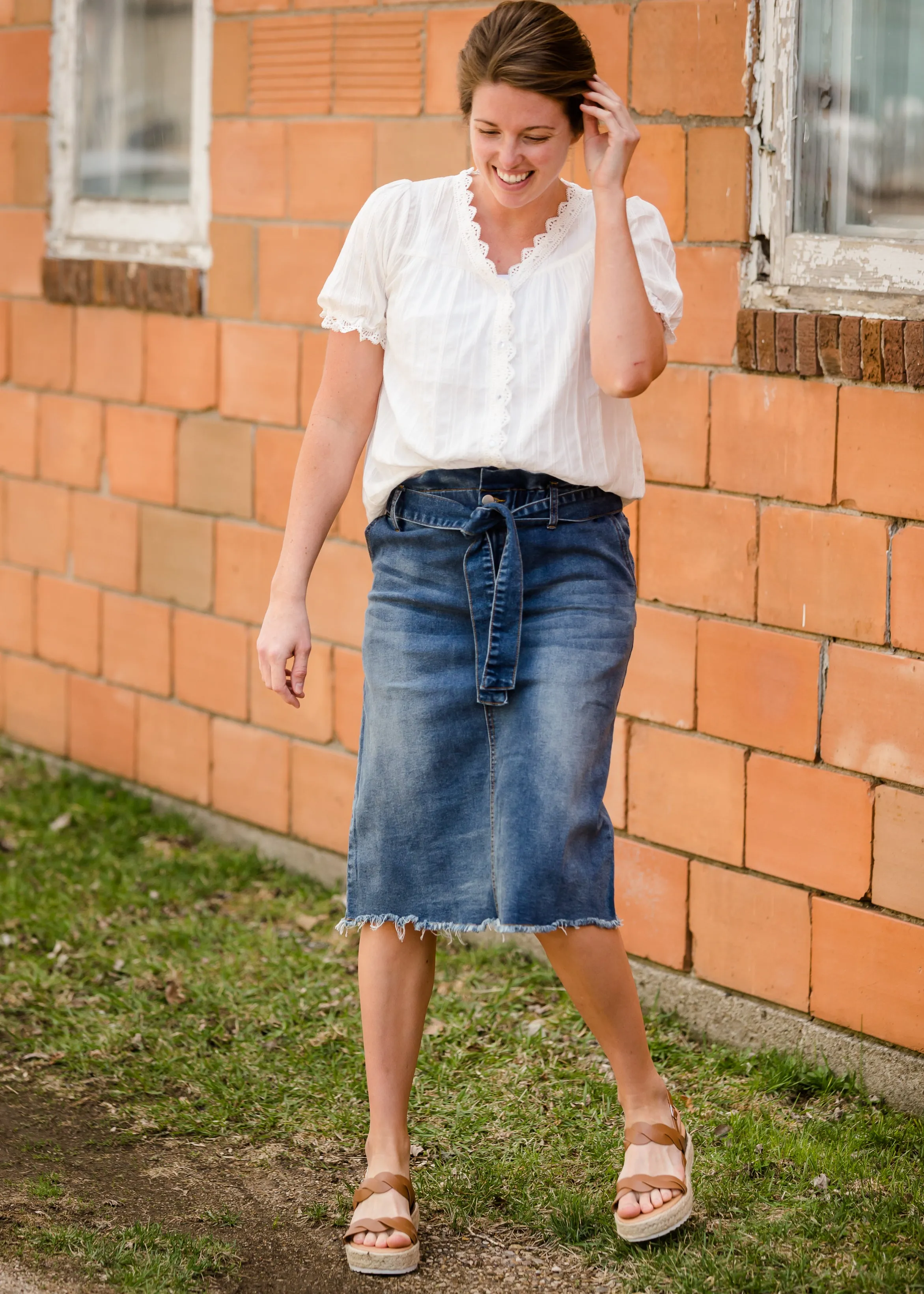 Paperbag Denim Tie Midi Skirt