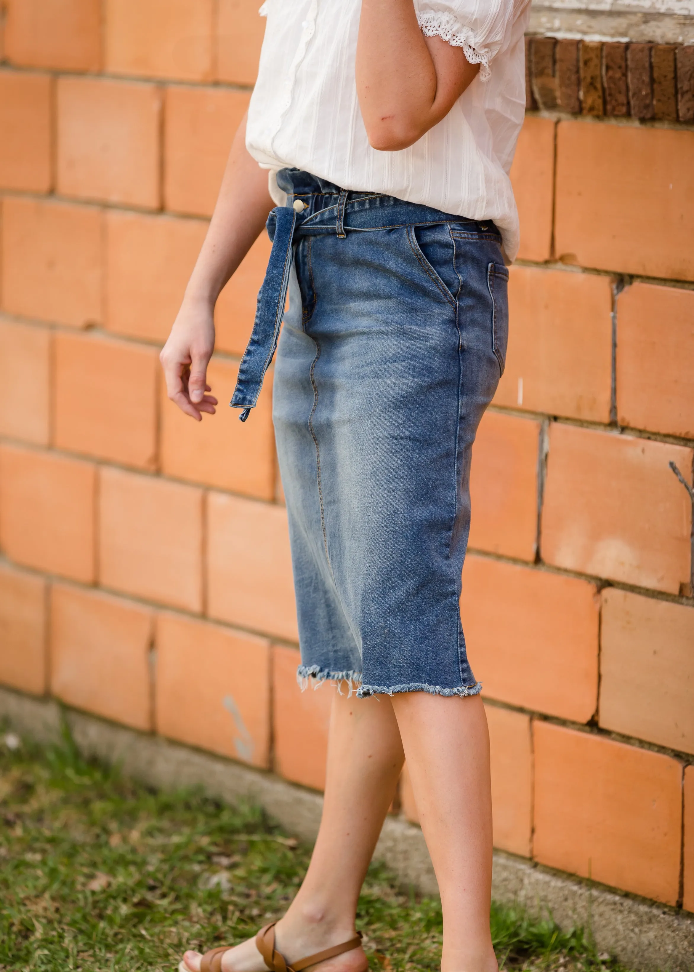 Paperbag Denim Tie Midi Skirt