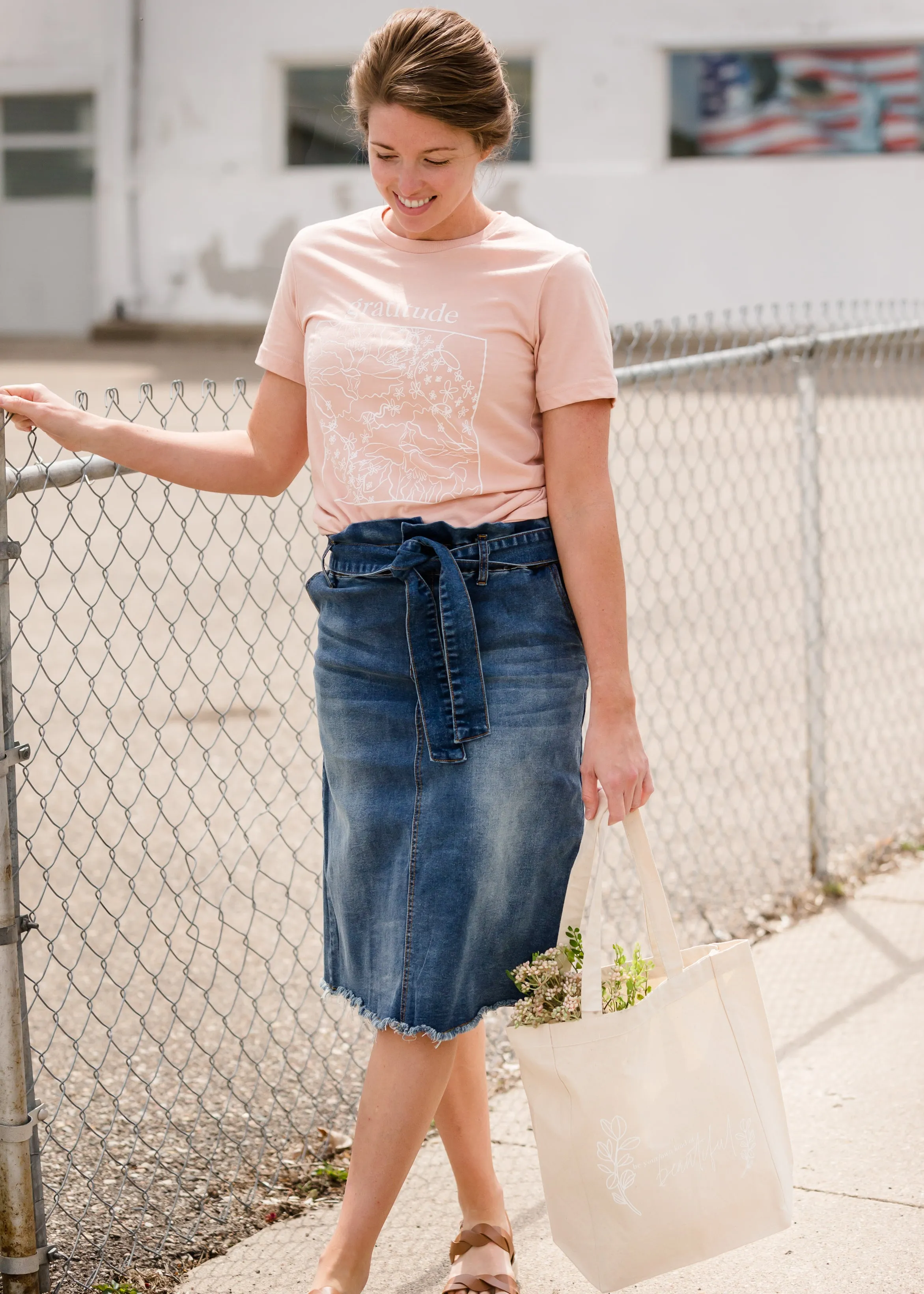 Paperbag Denim Tie Midi Skirt