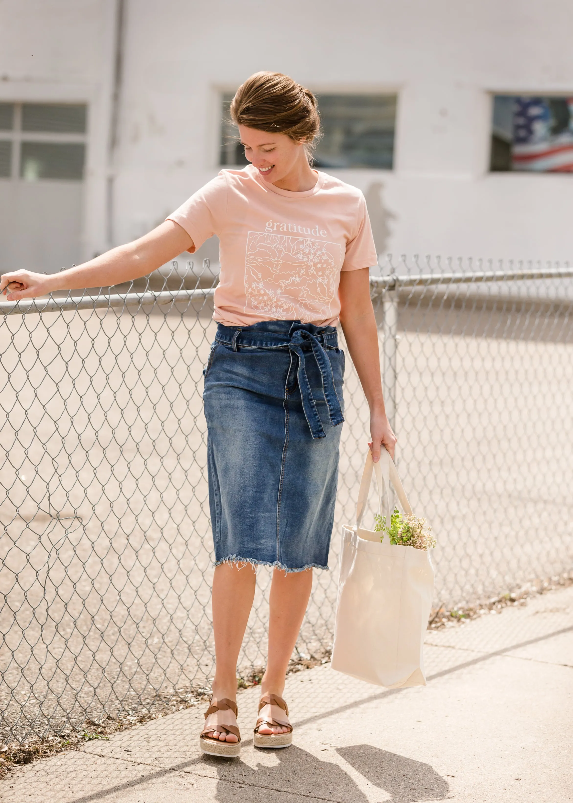 Paperbag Denim Tie Midi Skirt