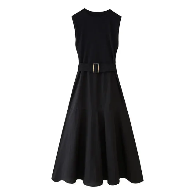 Pre Order:  Solid Patchwork Belt Midi Dress