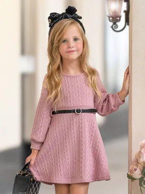 Pretty in Pink Cable Knit Belted Sweater Dress