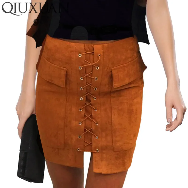 QIUXUAN Vintage Autumn Fashion Women Skirt Cross Lace-up Winter Short Skirt Fashion High Waist Casual Pencil Pocket Mini Skirts