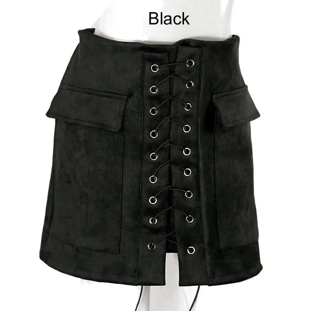 QIUXUAN Vintage Autumn Fashion Women Skirt Cross Lace-up Winter Short Skirt Fashion High Waist Casual Pencil Pocket Mini Skirts