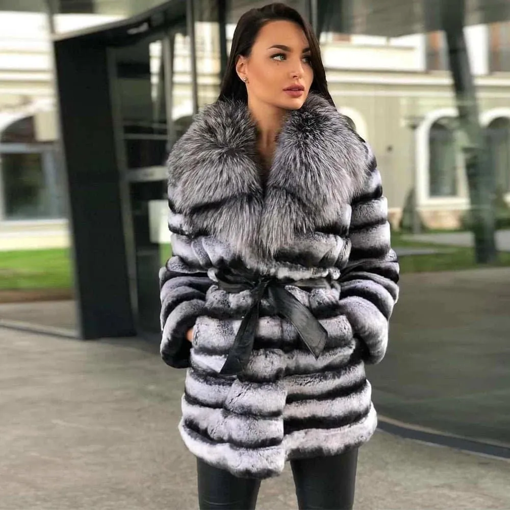 Rabbit Fur Coat with Silver Fox Fur Collar - Luxurious Winter Jacket