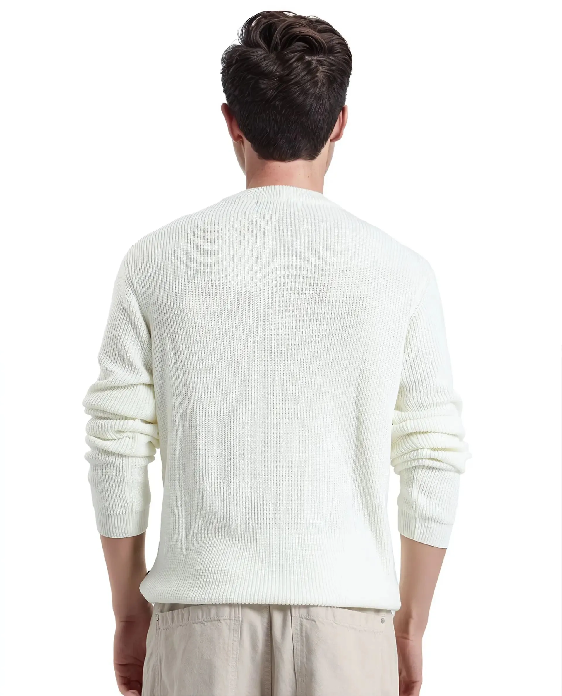 Rare Rabbit Men's Kazu Off White Full Sleeve Crew Neck Regular Fit Plain Sweater