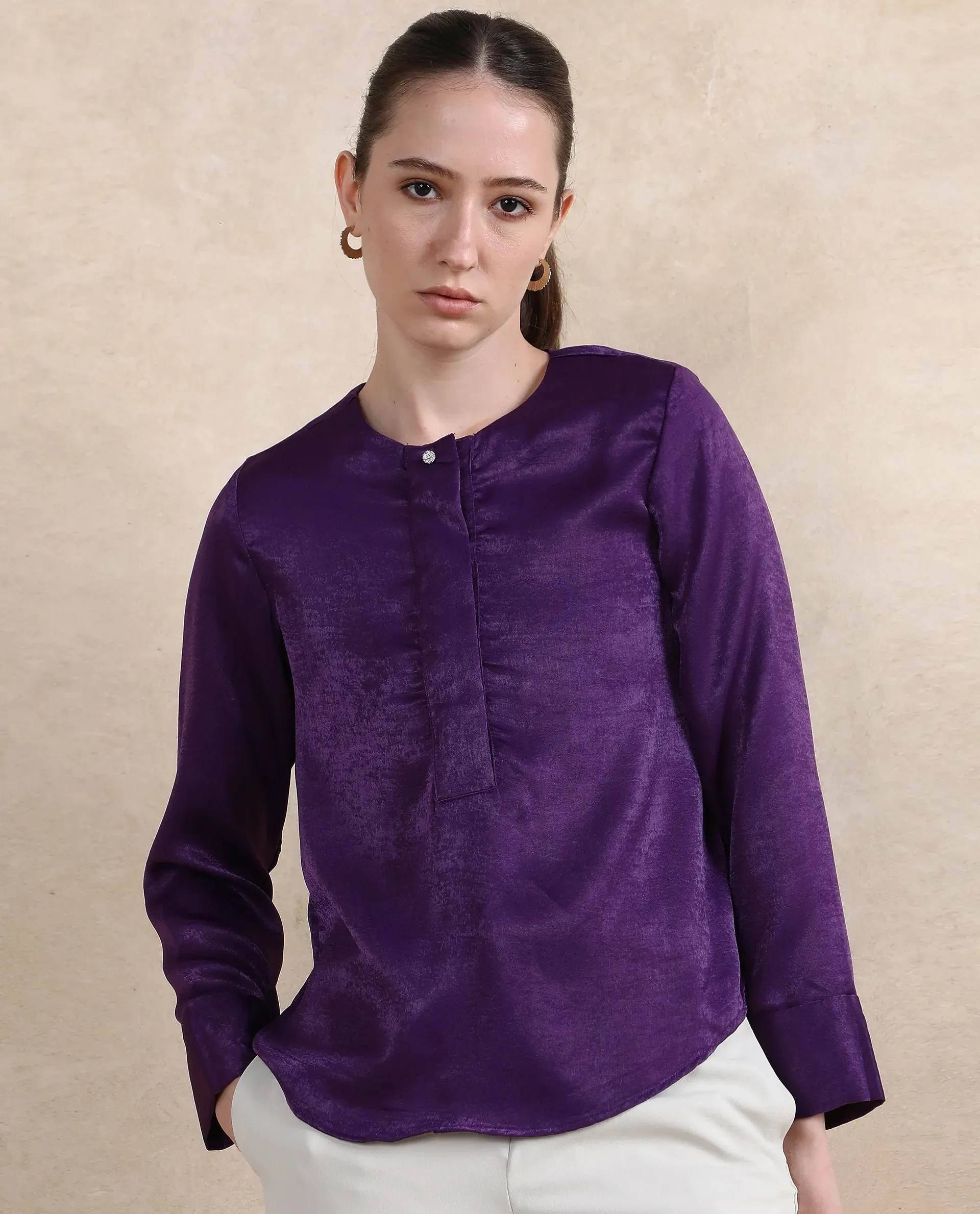 Rareism Women Daxzo Purple Velvet Regular Sleeves Round Neck Button Closure Relaxed Fit Plain Top