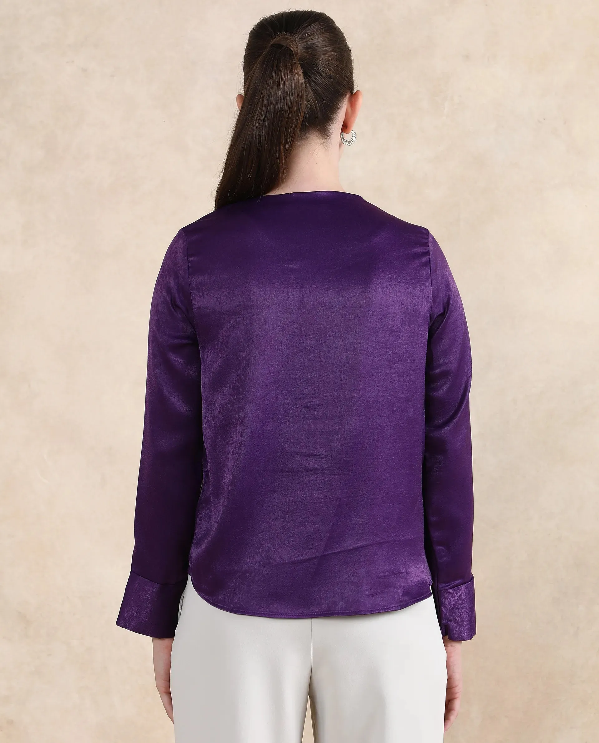 Rareism Women Daxzo Purple Velvet Regular Sleeves Round Neck Button Closure Relaxed Fit Plain Top