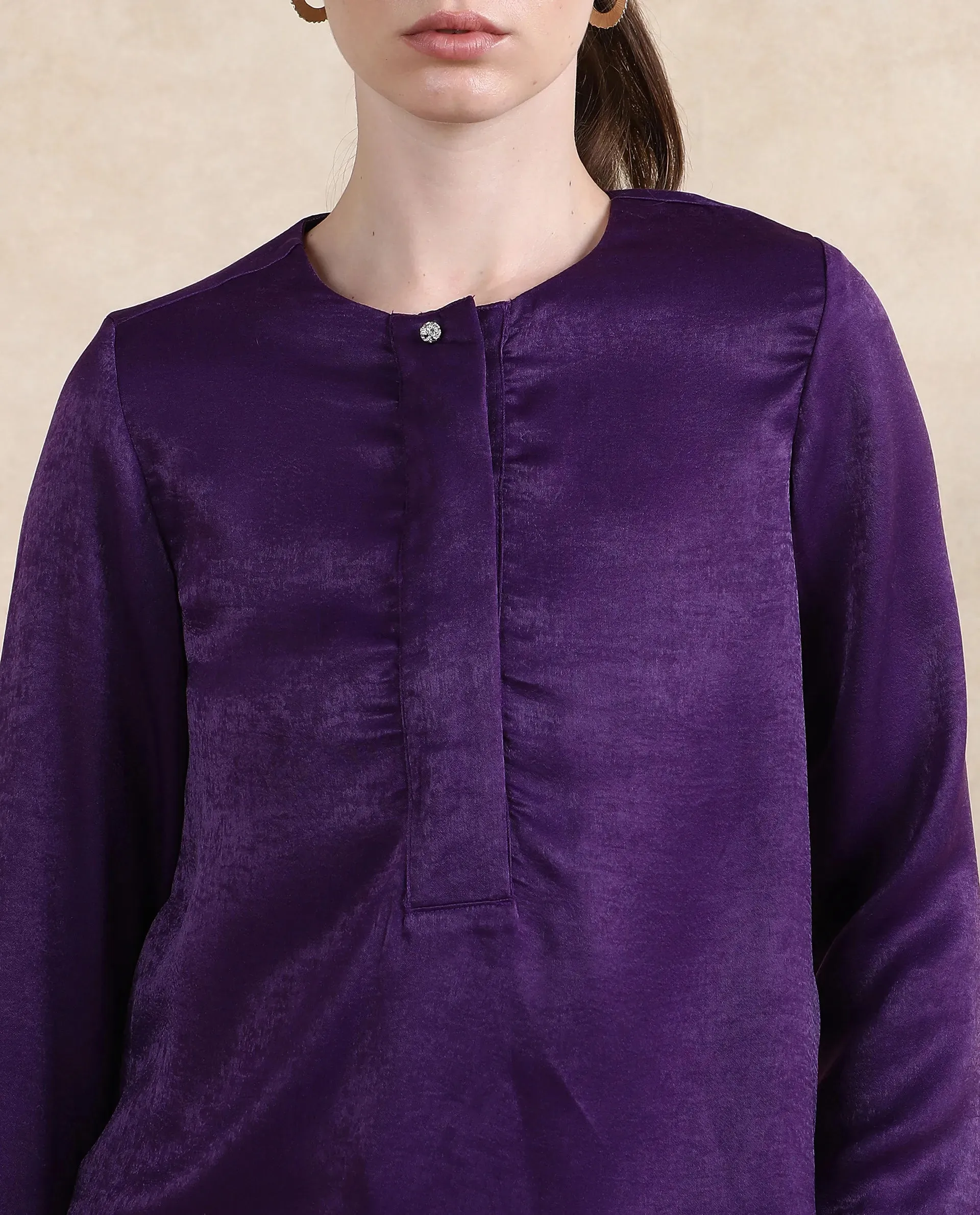 Rareism Women Daxzo Purple Velvet Regular Sleeves Round Neck Button Closure Relaxed Fit Plain Top