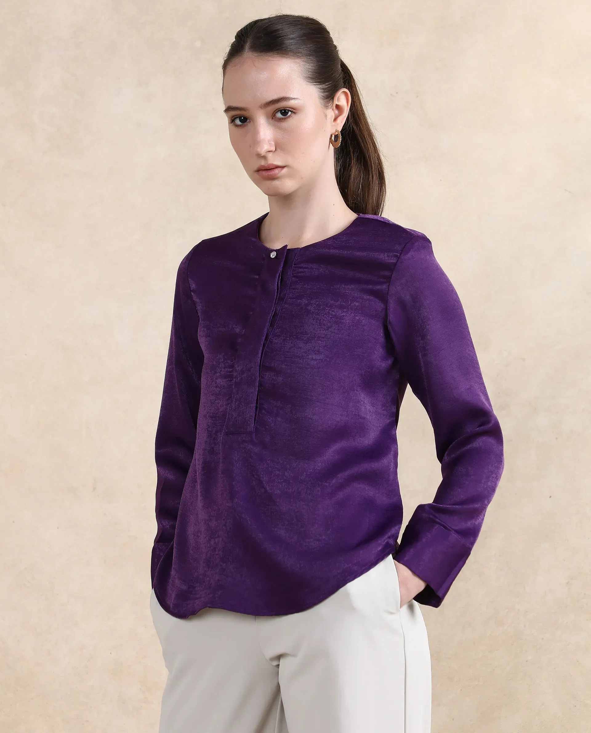 Rareism Women Daxzo Purple Velvet Regular Sleeves Round Neck Button Closure Relaxed Fit Plain Top