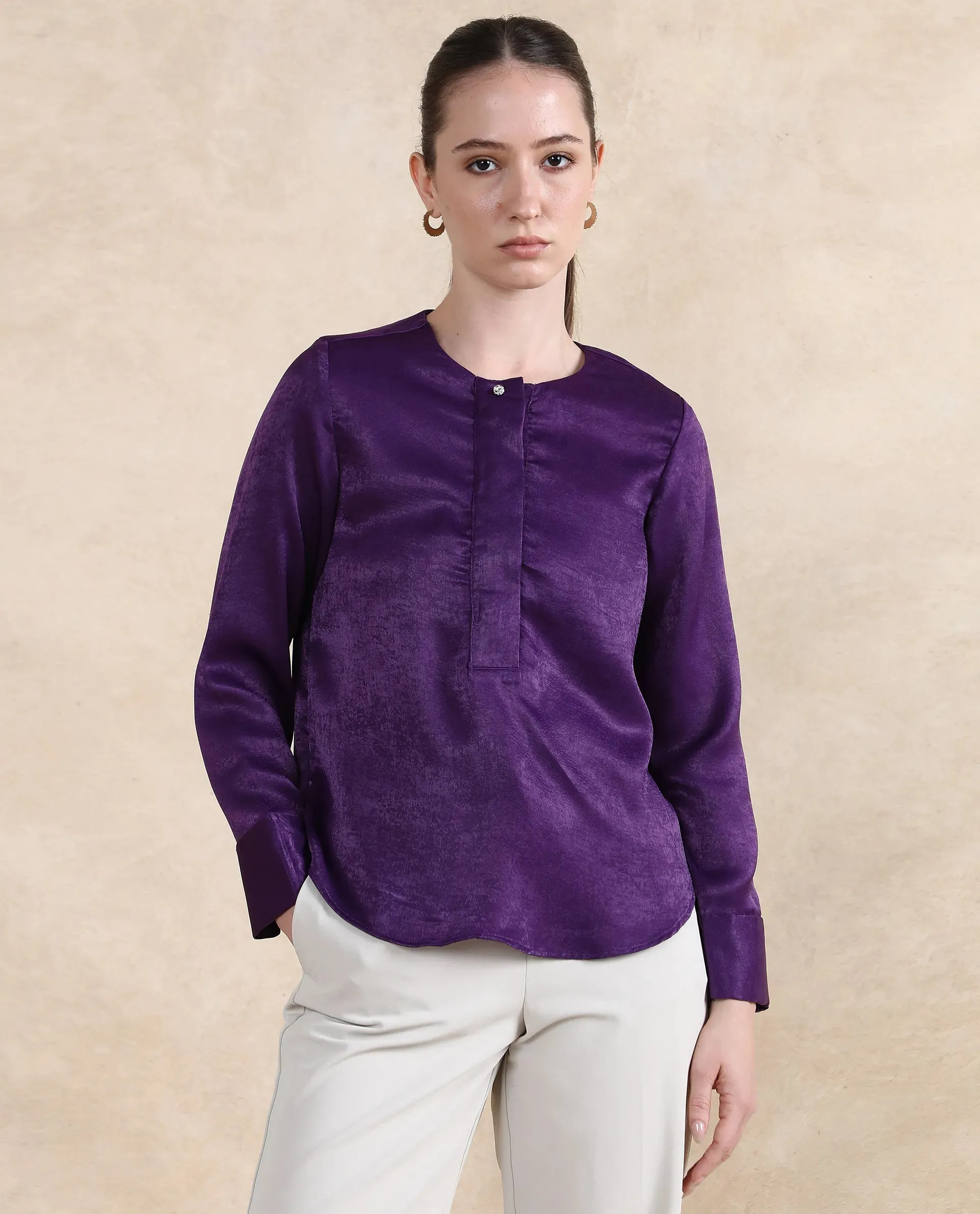 Rareism Women Daxzo Purple Velvet Regular Sleeves Round Neck Button Closure Relaxed Fit Plain Top