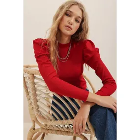 Red Puff Shoulder Turtleneck Top