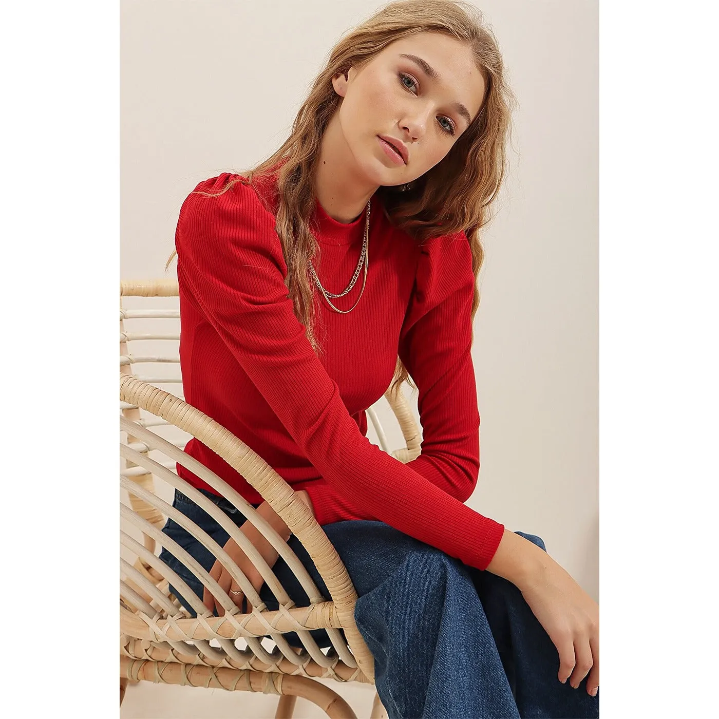 Red Puff Shoulder Turtleneck Top