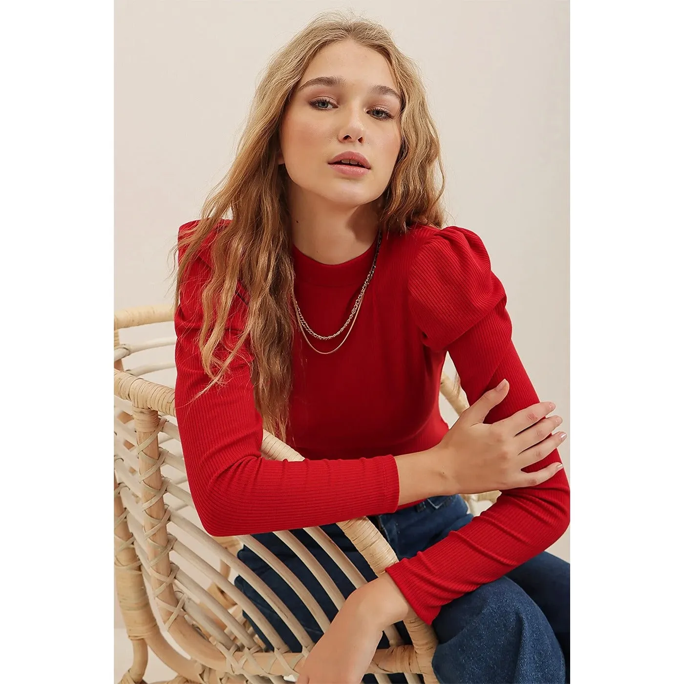 Red Puff Shoulder Turtleneck Top