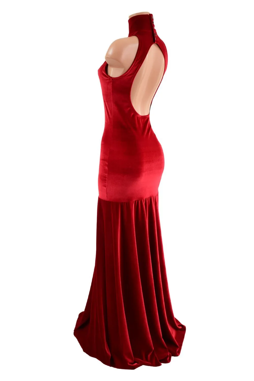 Red Velvet Side Slit Backless Trumpet Gown