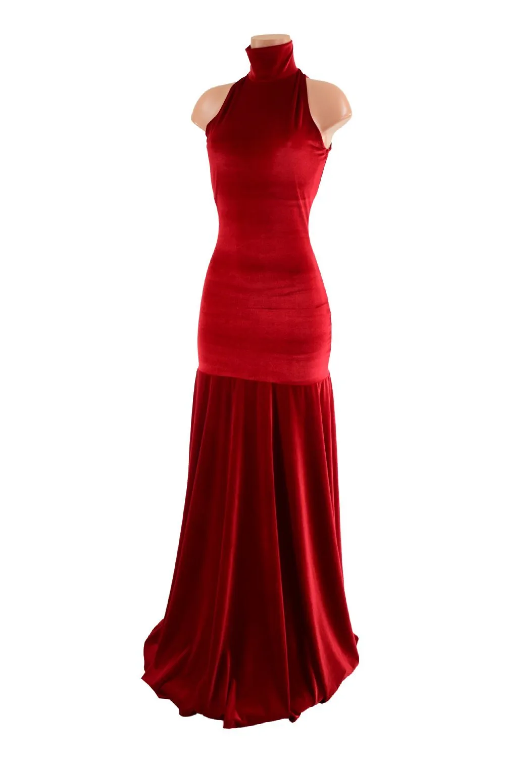 Red Velvet Side Slit Backless Trumpet Gown