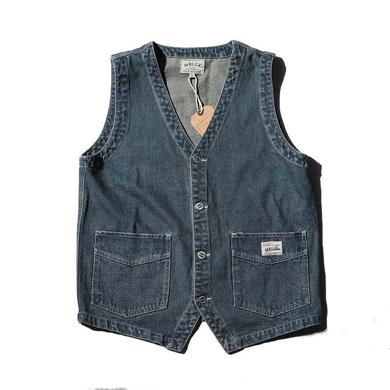 Retro Denim Vest Men Sleeveless Cargo Jacket  Harajuku Style Tooling Jean Jacket Cowboy Fashion Wasitcoat Men'S Clothing