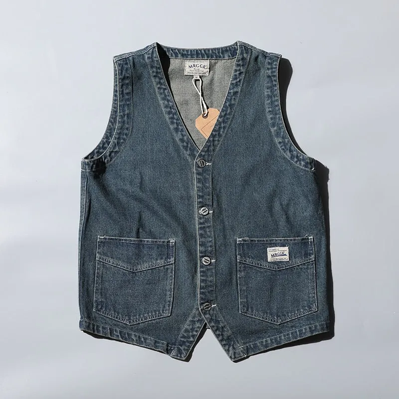 Retro Denim Vest Men Sleeveless Cargo Jacket  Harajuku Style Tooling Jean Jacket Cowboy Fashion Wasitcoat Men'S Clothing