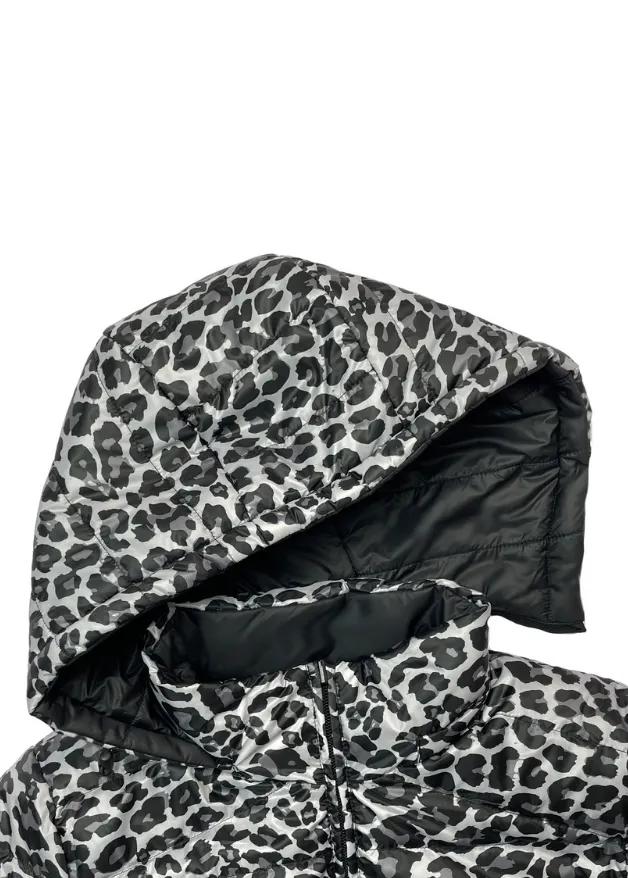 Reversible Black/ Snow Leopard Duck Down Puffer Coat