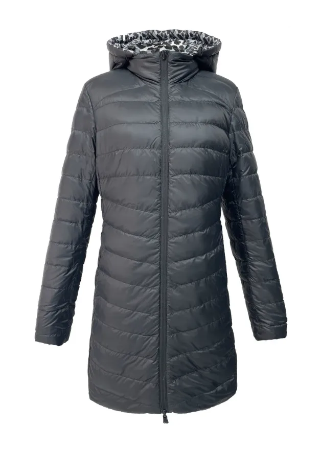 Reversible Black/ Snow Leopard Duck Down Puffer Coat