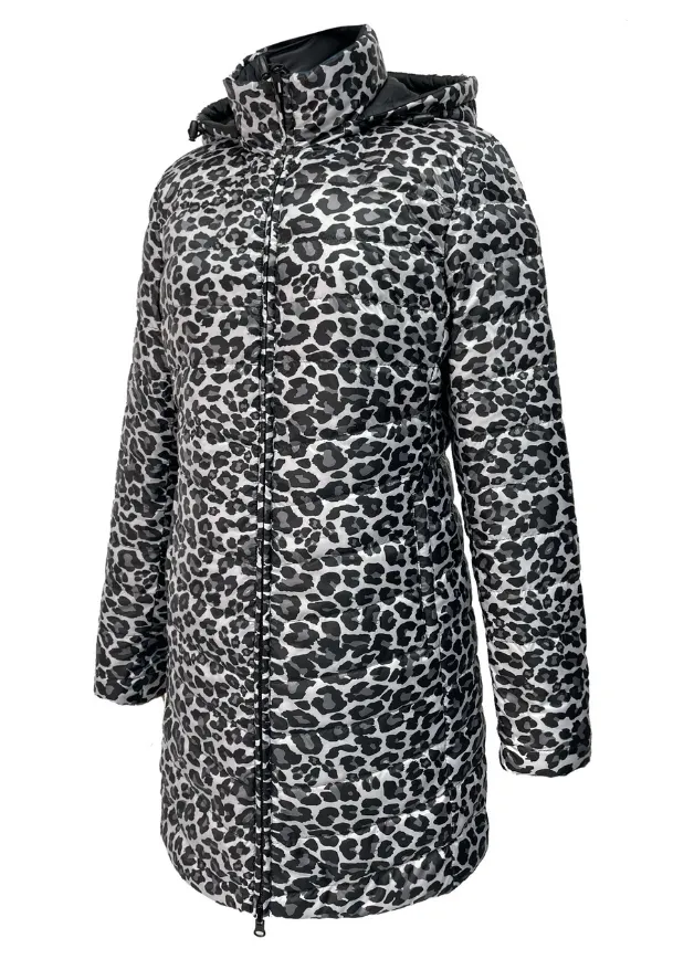 Reversible Black/ Snow Leopard Duck Down Puffer Coat