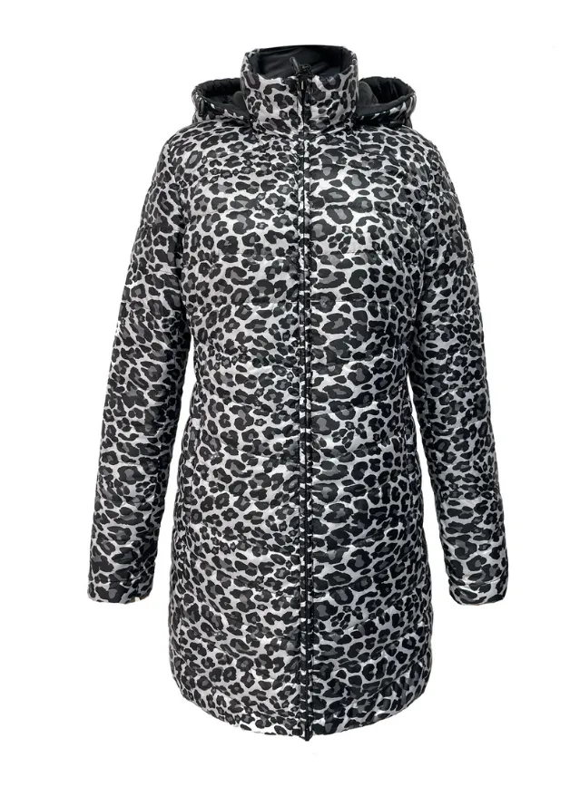 Reversible Black/ Snow Leopard Duck Down Puffer Coat