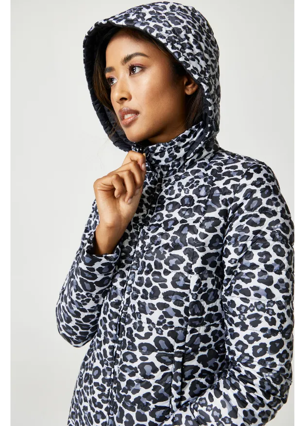 Reversible Black/ Snow Leopard Duck Down Puffer Coat