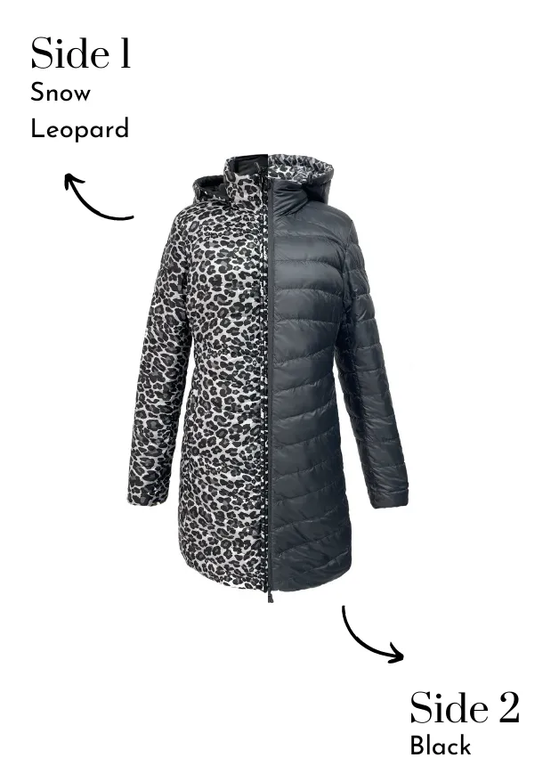 Reversible Black/ Snow Leopard Duck Down Puffer Coat