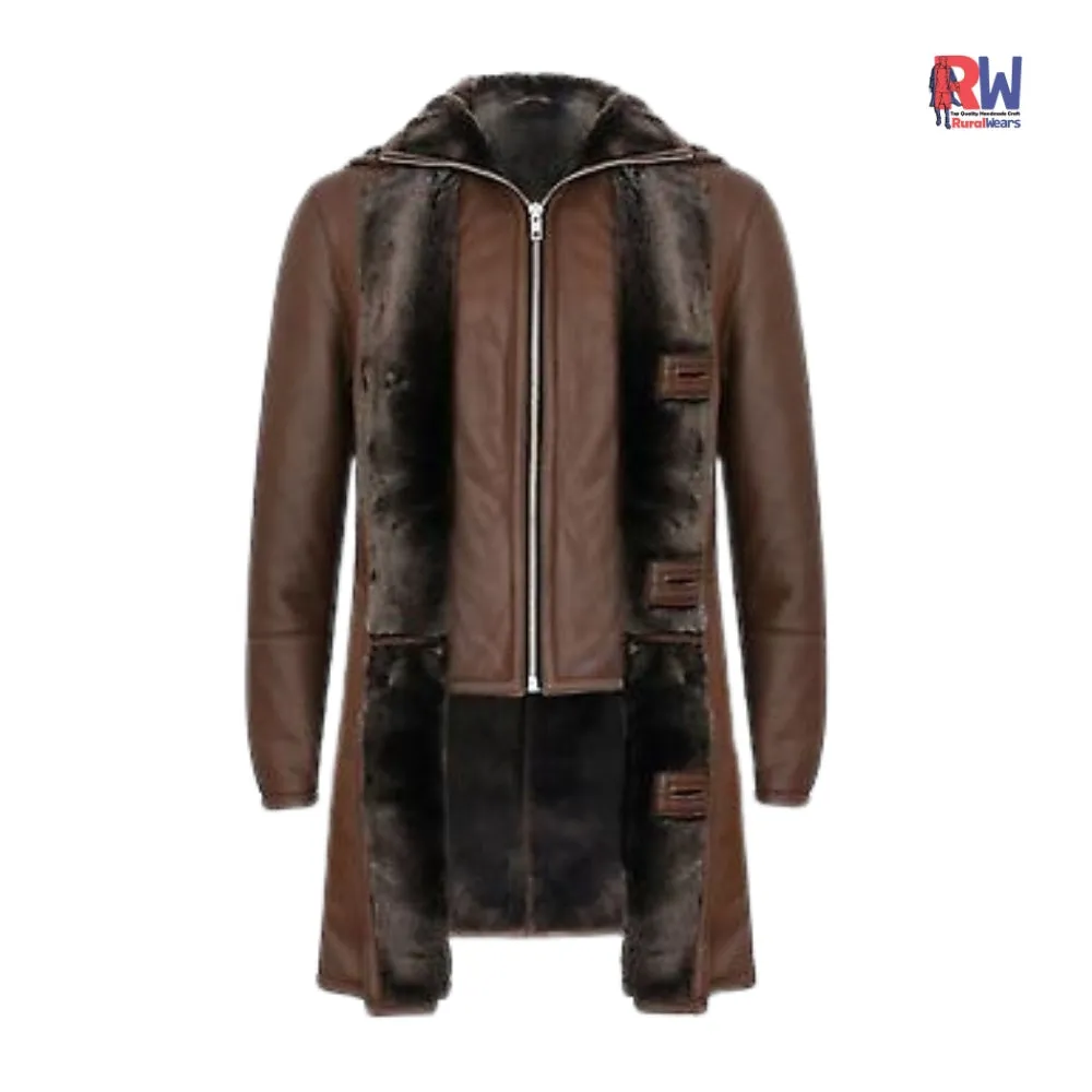 RW Authentic Sheepskin Men’s Vintage Brown Aviator Duffel Shearling Fur Leather Coat