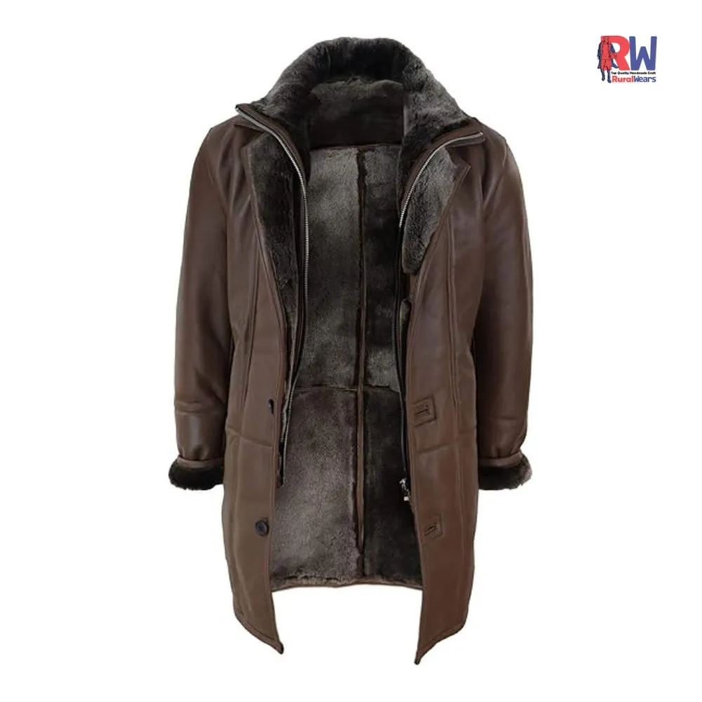 RW Authentic Sheepskin Men’s Vintage Brown Aviator Duffel Shearling Fur Leather Coat