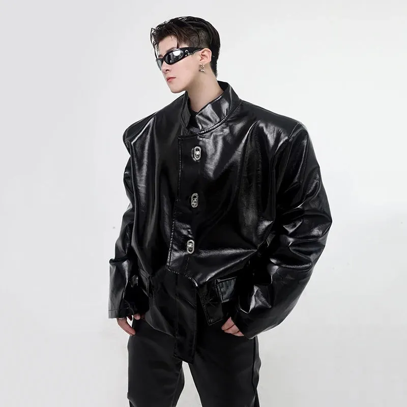 Short PU Leather Jacket Chinese Style Stand Collar Liquid Men's Coat Casual Solid Color Trend Long Sleeve 9C5228