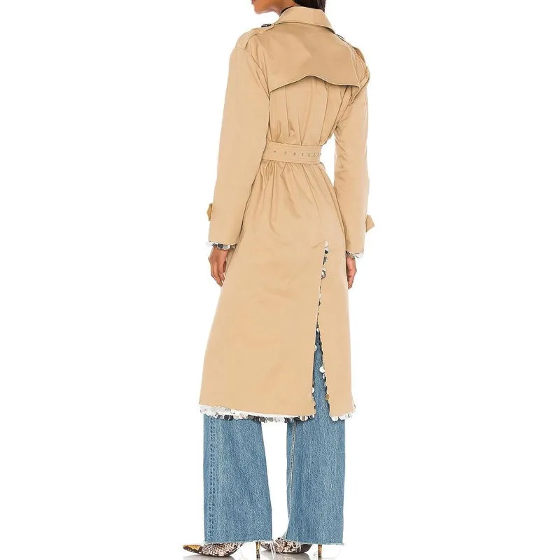 Sparkly Silver Double Sided, Single Breast Trench Coat With adjustable Bow Belt in Beige