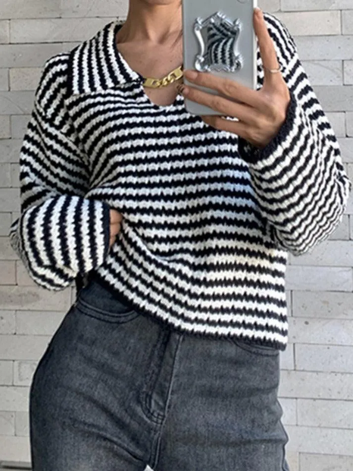 Stripe Lapel Neck Chain Decor Sweater