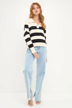 Stripe V-neckline with Collar Sweater