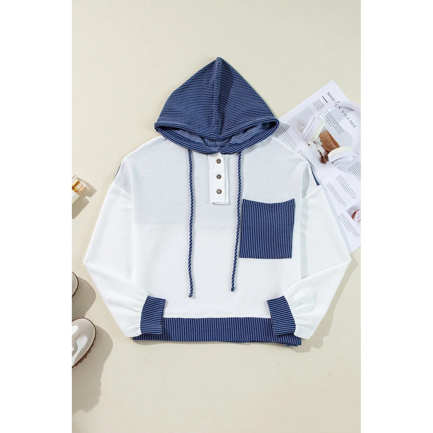 Take Me With You Corded Colorblock Drawstring Hooded Pullover